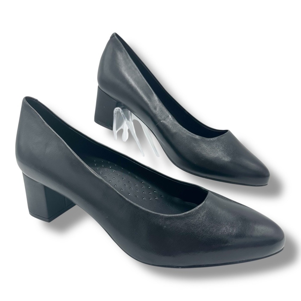 Trotters Black Leather Pointed Toe Block Heel‎ Pumps Women's Shoes 7.5W